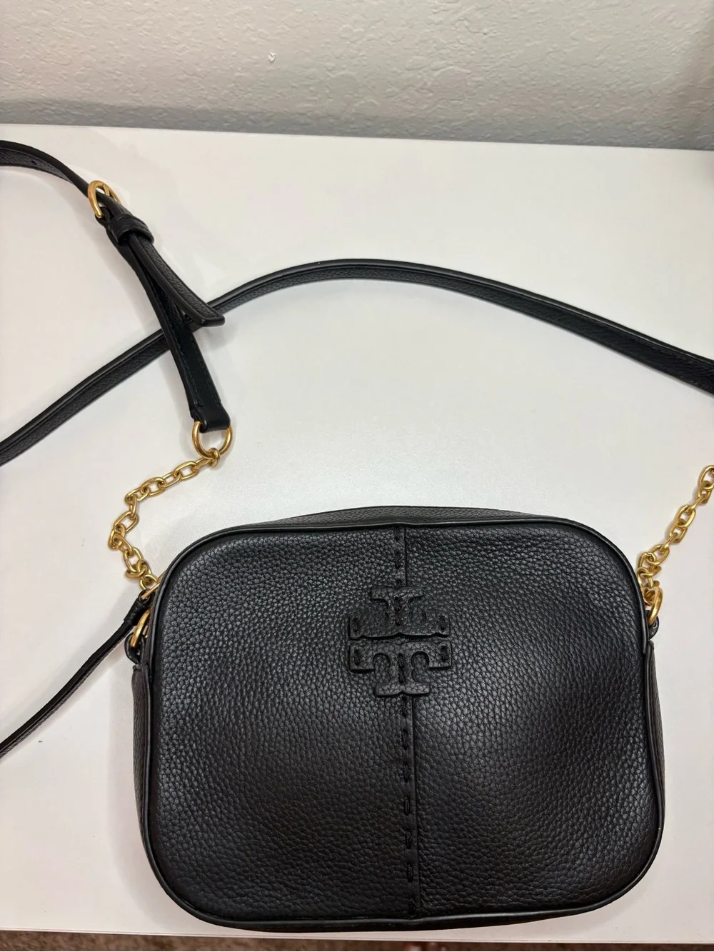Tory Burch Black Pebbled Leather McGraw Camera Crossbody Bag gold hardware